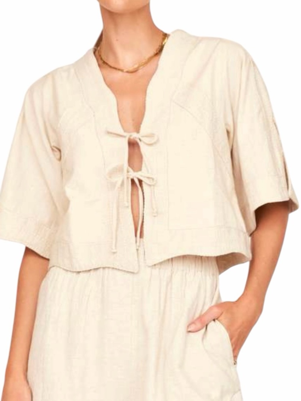 Mirth Cream Lightweight Tie-Front Crop "Seychelles" Top M